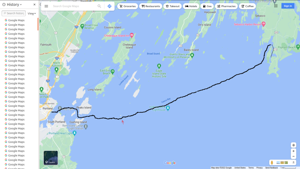 Map view or route from Portland to Hermit Island