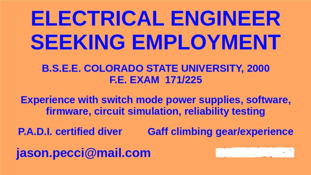 Business card announcing job seeking for an electrical engineering position.